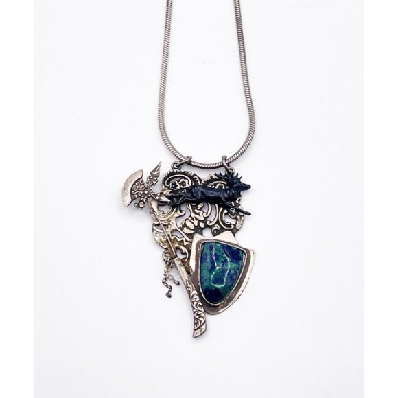925 Sterling Silver Azurite Necklace Medieval Axe Shield Stag Mythical Fantasy - Picture 2 of 11